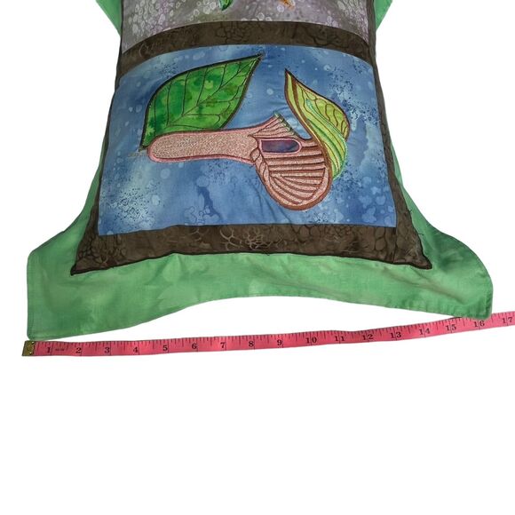 Vintage Floral Appliqué Embroidered Throw Pillow Quilted Batik Fabric Lily 20” - Picture 6 of 14